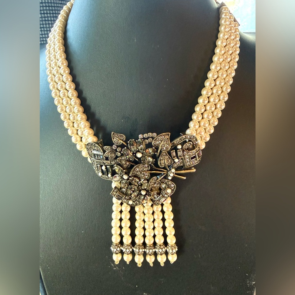 Heidi Daus Multi Strand Faux Pearl Crystal Floral Tassel Necklace Signed